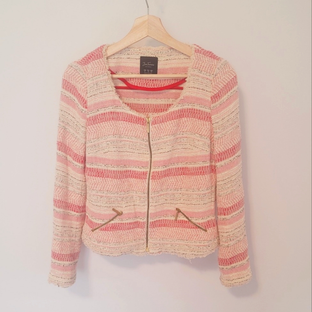 Zara Pink Barbie Tweed Zip Up Blazer Cardigan Jacket Size Medium